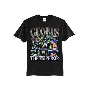 May include: Black t-shirt featuring a graphic of a football team with the text "GEOBUS" in a glittery font above the words "THE EMPEROR". The team is wearing blue and green uniforms.