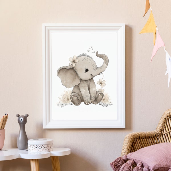 Watercolor Baby Elephant Nursery Print, Gender Neutral Animal Wall Art, Safari Nursery Decor, Digital Download
