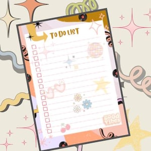 May include: A printable to-do list with a retro 70s theme. The list has a pink background with a yellow arrow pointing to the text "To Do List". The list is decorated with stars, hearts, flowers, and a disco ball.