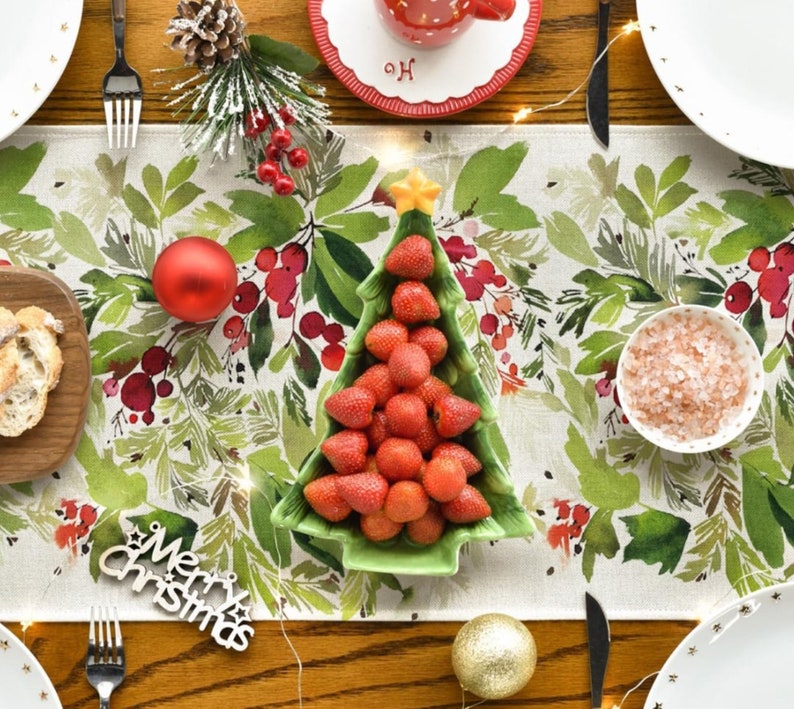 Red Black Buffalo Plaid Christmas Table Runner – 13x72 Inch Holiday Table Decor With Holly & Berry Design - View #5