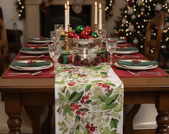 Watercolor Holly Christmas Table Runner, Seasonal Winter Xmas Holiday Kitchen Dining Table Decoration Home Party Decor 13x72 inch