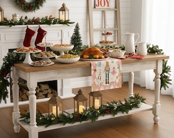 Diamond Plaid Nutcracker Snowflake Christmas Table Runner, Seasonal Winter Kitchen Dining Table Decoration for Home Party Decor 13x72 Inch