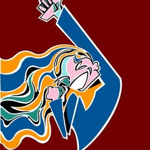 May include: A stylized illustration of a person with long, flowing hair in shades of yellow, blue, and green. The person is wearing a blue jacket and has a pink face with a white smile. The background is a solid maroon color.