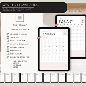 May include: A digital monthly planner for 2025, featuring a minimalist design. The planner includes 12 color versions, JPG & PDF formats, and starts on Sunday & Monday. Available in US Letter, A4, and A3 sizes. The planner has dedicated space for each day, goals, and notes.