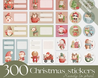 May include: A set of 300 printable Christmas stickers featuring various festive characters and designs. The stickers include a mix of traditional and modern styles, with illustrations of Santa Claus, reindeer, penguins, gingerbread men, and more. The stickers are perfect for adding a touch of holiday cheer to gifts, cards, and other festive crafts.