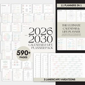 Peut inclure: Un pack de planification numérique pour 2026-2030, avec plus de 590 pages. Il comprend 11 planificateurs en 1, offrant divers modèles de calendriers et de planification de vie. L'image présente également 3 variations de paysage.
