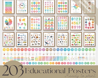 Set of 203 Educational Posters, Colourful Homeschool Learning Prints, Educational Prints, Preschool Posters, Learning Charts, Digital Files