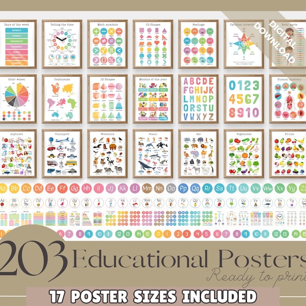 Set of 203 Educational Posters, Colourful Homeschool Learning Prints, Educational Prints, Preschool Posters, Learning Charts, Digital Files