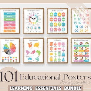 Set of 101 Educational Posters, Colourful Homeschool Learning Prints, Classroom Posters, Learning Posters, Alphabet, Digital Files