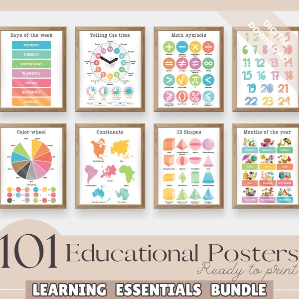 Zestaw 101 plakatów edukacyjnych, kolorowe wydruki do nauki w domu, plakaty w klasie, plakaty edukacyjne, alfabet, pliki cyfrowe