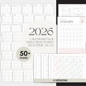 Puede incluir: Un paquete de calendarios de 2026 con múltiples páginas, que presenta vistas mensuales y anuales. El diseño incluye una variedad de diseños, con el texto "2026 Calendar Pack" y "50+ Pages" visibles. Disponible en tamaños US Letter, A4 y A3.