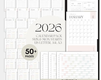 Calendario imprimible 2026, inicio en lunes y domingo, formato vertical y horizontal, JPG, PDF, Organización para el Año Nuevo