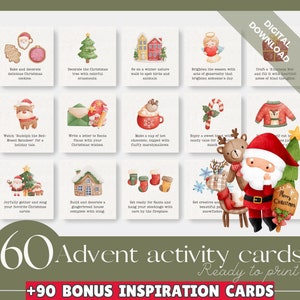 60 Printable Advent Activity Cards for Kids, Christmas Bucket List Printable, Kids Advent Cards, Instant Download, Advent Activities Cards