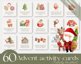 May include: Sixty illustrated Christmas activity cards with a variety of festive themes, including baking cookies, decorating a Christmas tree, writing a letter to Santa, and enjoying a cup of hot chocolate. The cards are ready to print and include a bonus set of 90 inspiration cards.