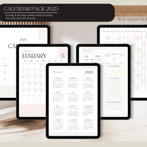 May include: Digital calendar pack for 2025 displayed on tablets. Includes monthly, weekly, and daily planner pages. The design is minimalist with a black and white color scheme. The text "CALENDAR PACK 2025" is at the top.