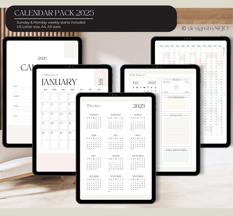 May include: Digital calendar pack for 2025 displayed on tablets. Includes monthly, weekly, and daily planner pages. The design is minimalist with a black and white color scheme. The text "CALENDAR PACK 2025" is at the top.