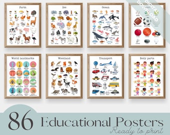 Set of 86 Educational Posters – Colourful Printable Homeschool Prints, Classroom Learning Posters, Alphabet, Nursery Decor, Digital Files