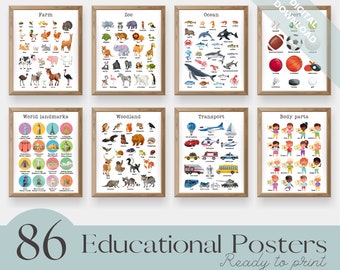 Set of 86 Educational Posters, Homeschool Learning Prints, Printables, Neutral Montessori Classroom Decor, Playroom, Digital Files