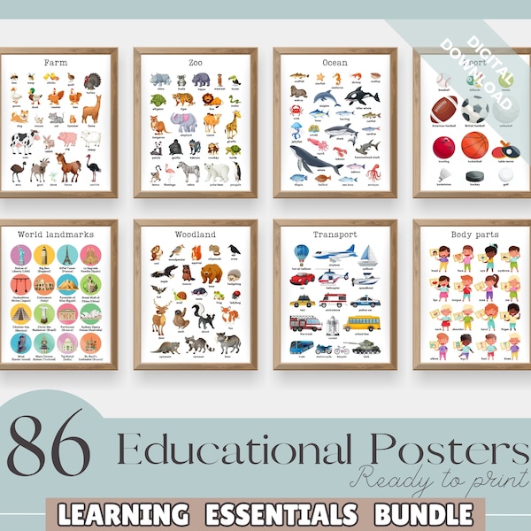 Set of 86 Educational Posters, Homeschool Learning Prints, Printables, Neutral Montessori Classroom Decor, Playroom, Digital Files