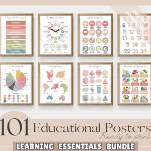 Ensemble de 101 affiches éducatives, impressions d’apprentissage à la maison, imprimables, décor de classe Montessori neutre, salle de jeux, fichiers numériques