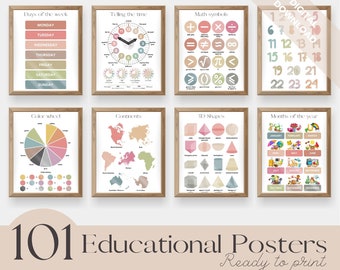Educational Posters, 101 Homeschool Prints, Montessori Classroom Decor, Toddler Playroom, Neutral Kids Nursery, Boho Playroom Wall Art Print
