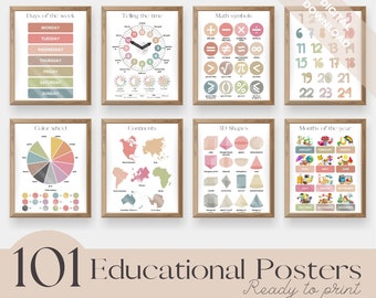 Set of 101 Educational Posters, Homeschool Learning Prints, Printables, Neutral Montessori Classroom Decor, Playroom, Digital Files