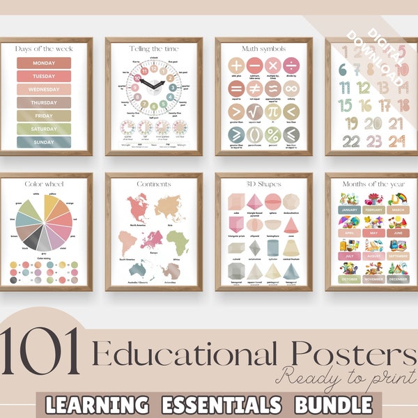 Set of 101 Educational Posters, Homeschool Learning Prints, Printables, Neutral Montessori Classroom Decor, Playroom, Digital Files