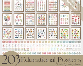 Set of 203 Educational Posters – Montessori Printable Homeschool Prints, Classroom Learning Posters, Alphabet, Nursery Decor, Digital Files