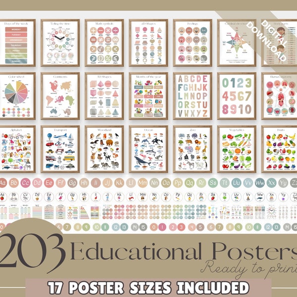 Set of 203 Educational Posters, Homeschool Learning Prints, Printables, Neutral Montessori Classroom Decor, Playroom, Digital Files