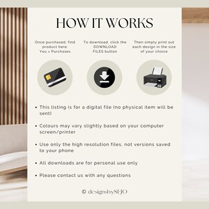 May include: A digital file listing with instructions on how to download and print designs. The image includes a credit card icon, a download icon, and a printer icon, along with text that reads "HOW IT WORKS".