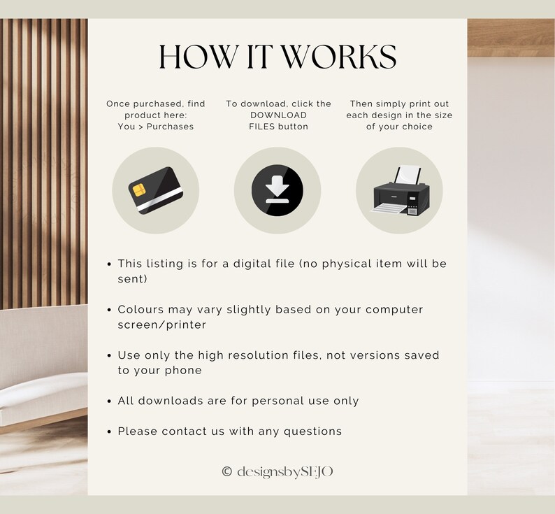 May include: A digital file listing with instructions on how to download and print designs. The image includes a credit card icon, a download icon, and a printer icon, along with text that reads "HOW IT WORKS".