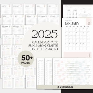 Op de afbeelding: Een verzameling kalenderpagina's voor 2025. Het ontwerp omvat maandelijkse, wekelijkse en dagelijkse plannerpagina's. De tekst bevat "2025 Calendar Pack" en "50+ Pages". De kalenders zijn beschikbaar in US Letter, A4 en A3 formaten.