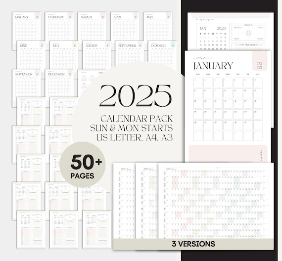 2025 Monthly Planner: Minimalist Calendar, A4 A3 Letter Size (Digital Download)