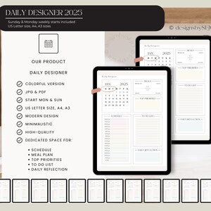 May include: Digital daily planner for 2025, featuring a minimalist design with a colorful version. Includes US Letter, A4, and A3 sizes. The planner offers dedicated spaces for schedules, meal plans, top priorities, to-do lists, and daily reflections.