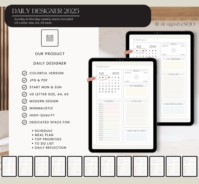 May include: Digital daily planner for 2025, featuring a minimalist design with a colorful version. Includes US Letter, A4, and A3 sizes. The planner offers dedicated spaces for schedules, meal plans, top priorities, to-do lists, and daily reflections.
