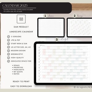 May include: A digital landscape calendar for 2025, displayed on a tablet. The calendar is available in three versions, including JPG and PDF formats, and starts on Sunday and Monday. It features a modern, minimalistic design and is available in US Letter, A4, and A3 sizes.