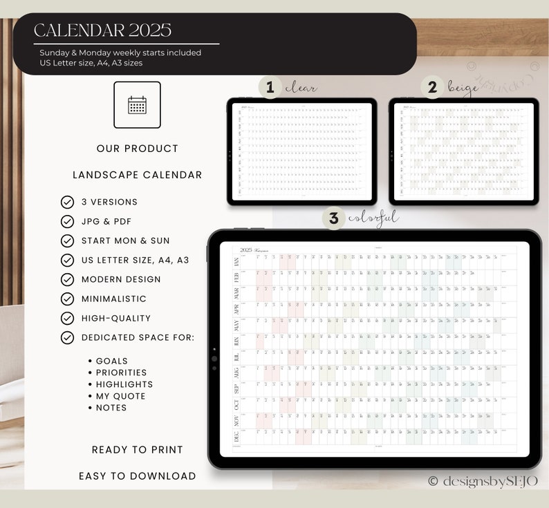 May include: A digital landscape calendar for 2025, displayed on a tablet. The calendar is available in three versions, including JPG and PDF formats, and starts on Sunday and Monday. It features a modern, minimalistic design and is available in US Letter, A4, and A3 sizes.