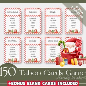 Zestaw 150 kartek świątecznych Taboo, gry świąteczne do wydrukowania, gry świąteczne, zakazane słowa, nie mów, rodzinne gry świąteczne, Xmas Taboo