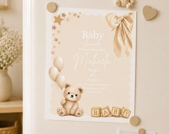 Editable Baby Shower Invitation | Neutral Teddy Bear Theme | Instant Download Canva Template
