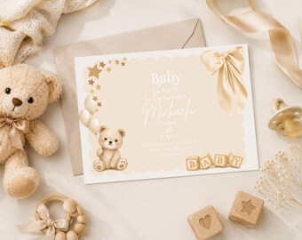 Teddy Bear Baby Shower Invitation Template | Gender Neutral, Editable Canva Design (Digital Download)