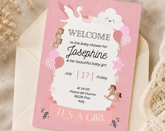 Pink Baby Shower Invitation Template | It’s a Girl | Editable Canva Invite | Instant Download