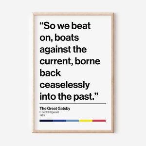 Great Gatsby Book Quote Poster, Minimalist Wall Art, Movie Quote Print, Instant Download, Book Lover Gift, So We Beat On, Digital Printable
