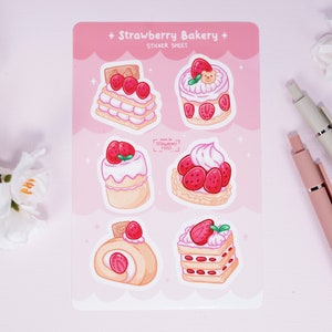 Strawberry Cakes Sticker Sheet | Holographic Vinyl | Waterproof | Cute Kawaii for Journal Planner Laptop Water Bottle | Stationery