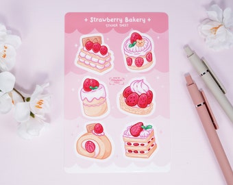 Strawberry Cakes Sticker Sheet | Holographic Vinyl | Waterproof | Cute Kawaii for Journal Planner Laptop Water Bottle | Stationery