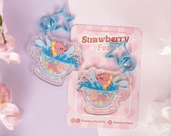 Pink Kirby Summer Acrylic Charm 2" | Double-sided Clear | Glitter | Acrylic Keychain | Kawaii Cute Animal Keychain | Kirby inspired