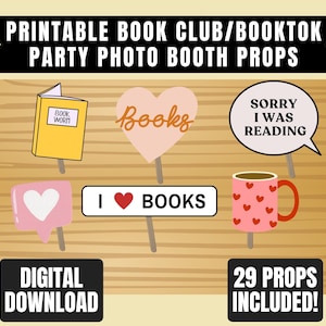 Könnte beinhalten: Eine Sammlung von druckbaren Foto-Booth-Requisiten für einen Buchclub oder eine BookTok-Party. Enthält Requisiten wie ein buchförmiges Schild, ein herzförmiges Schild mit "Books" und Sprechblasen mit Sätzen wie "Sorry I was reading".