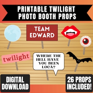 Twilight Photo Booth Props afdrukbaar | Schemering verjaardagsfeestje | Direct digitaal downloaden Klaar om af te drukken | Vampier Edward Cullen | Fan doe-het-zelf