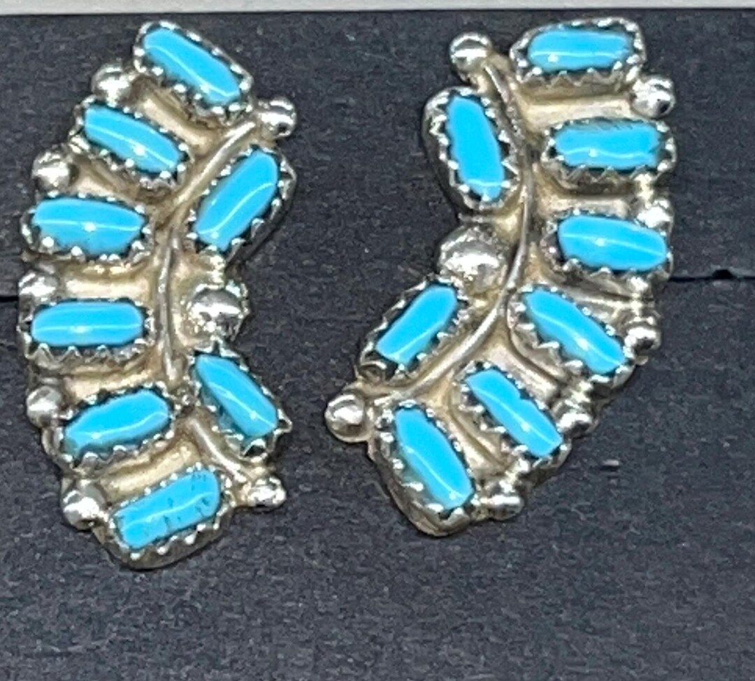 Zuni Native American Turquoise 925 Solid Sterling Silver Geometric Drop Earrings