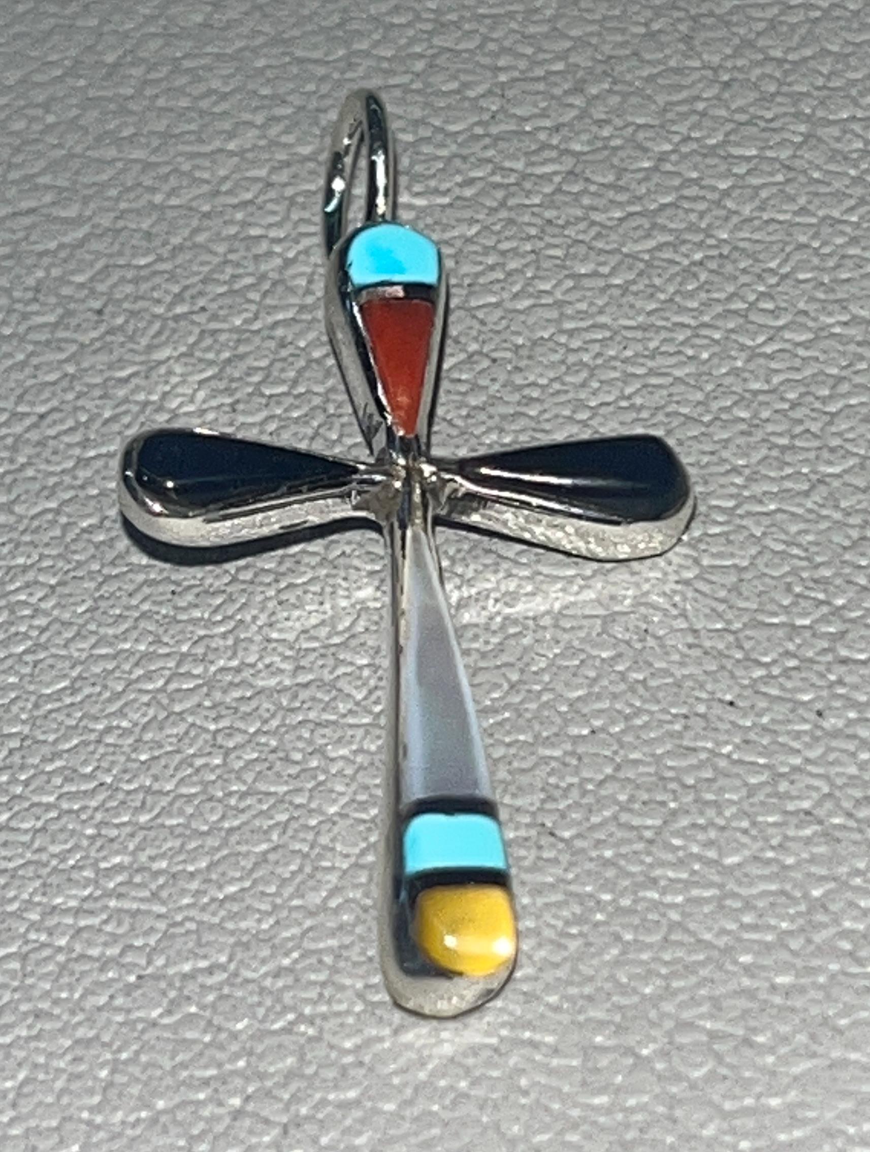 Native American Zuni handmade sterling silver turquoise onyx inlay cross pendant