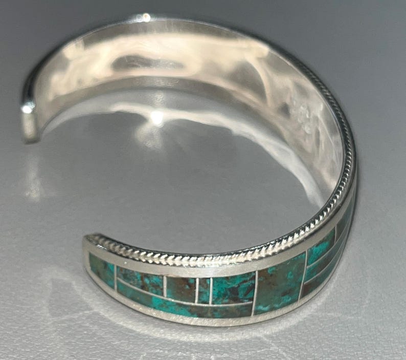 Native American Zuni Handmade Sterling Silver Inlay Turquoise Bracelet ...